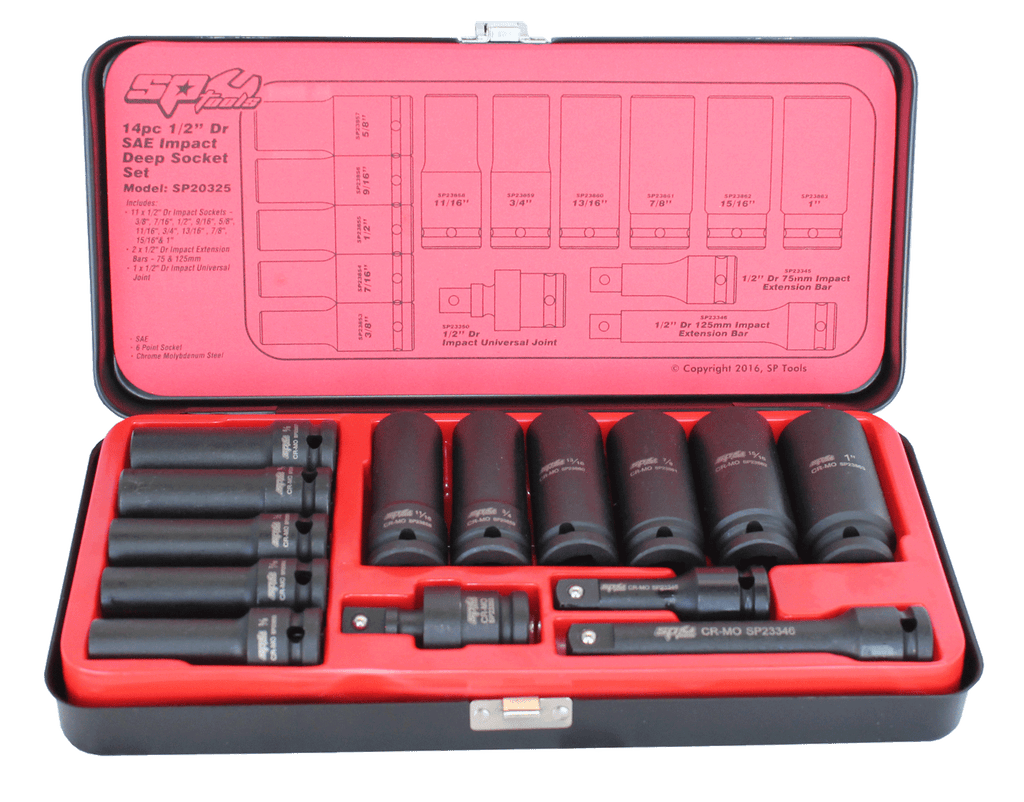 SOCKET SET IMPACT 1/2" DR DEEP 6PT 14PC SAE