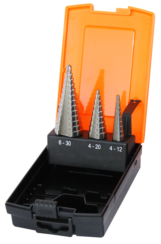STEP DRILL SET 3PCE METRIC M2 4 TO 12MM IN 1MM INC