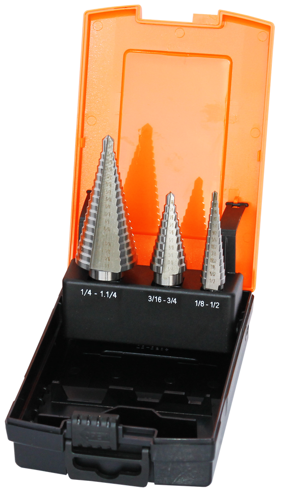STEP DRILL SET 3PCE SAE M2 1/8 TO 1/2 IN 1/32INC