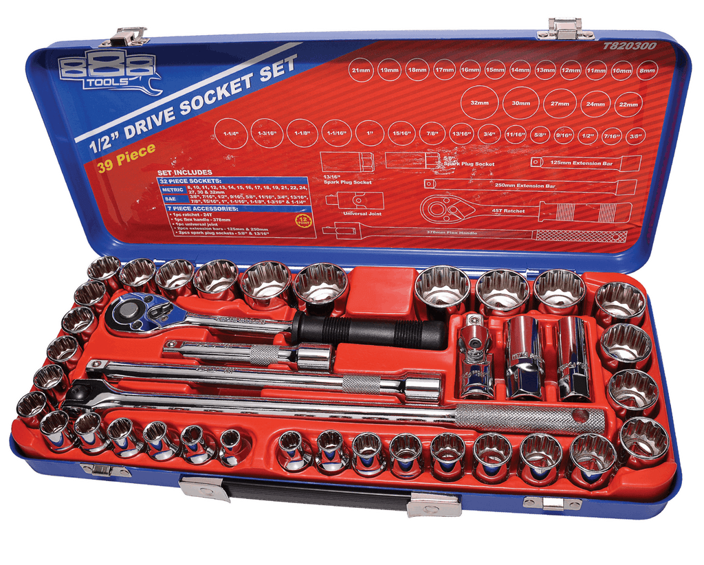 SOCKET SET 888 1/2" DR 12PT METRIC/SAE 39PC